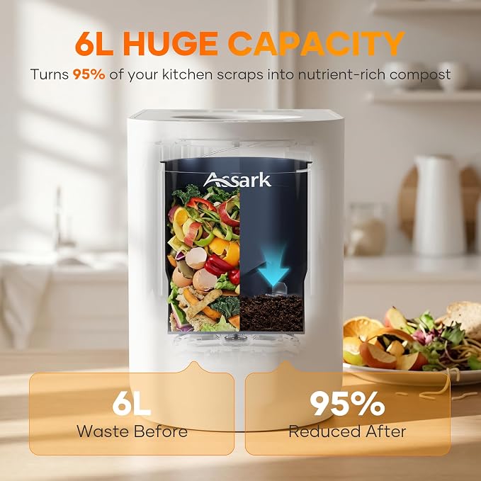 Smart 6L Electric Composter for Kitchen, Large Countertop Compost Bin with Carbon Filter & Auto-Cleaning,One-Touch Start, Smart Humidity-Sensing LED Display,Visible Window Odorless Low Noise
