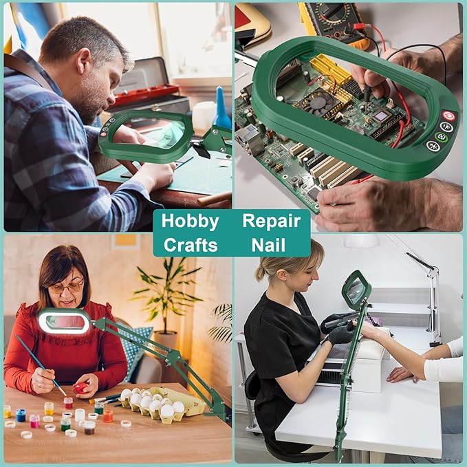 10X Rectangle Magnifying Glass with Light, 5 Color Modes Stepless Dimmable Magnifier with Stand, LED Lighted Clamp Desk Lamp with Swing Arm, Hands Free for Reading Painting Close Work - Green