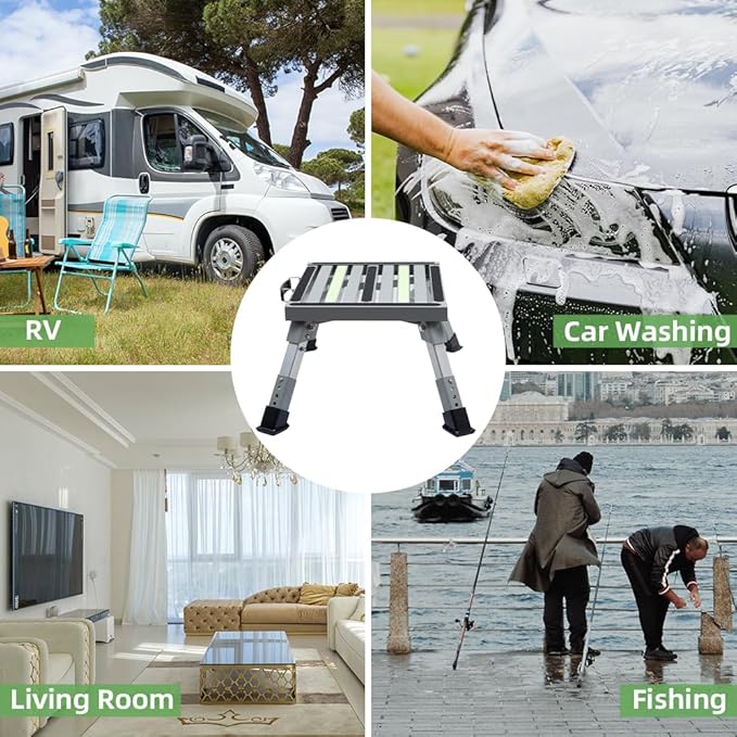 Homeon Wheels Iron RV Steps Adjustable Folding Step Stool with Non-Slip Rubber Feet, Stable Platform Supports 1000bs, Safety Strips, Handle, Easy Carry, Outdoor Camper Trailer Travel - Gray
