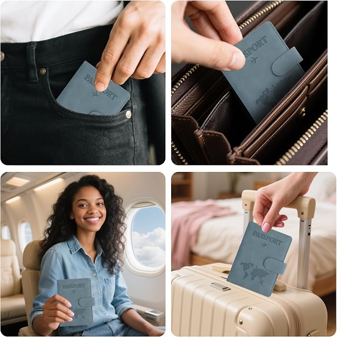 Passport Holder for Travel Essentials, Light Blue Leather Passport Cover, Passport Wallet Holders for Women Men Family Travel Gifts Must Have Accessories, Credit Card Cash Air Ticket Storage Supplies