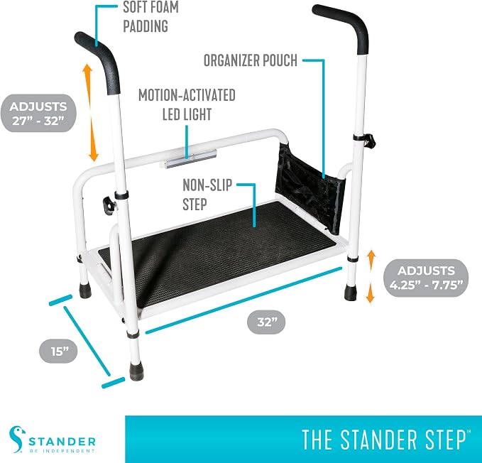 Stander Step-Stool, Free-Standing Step with Adjustable Handles for Seniors and Elderly Adults, Extra Wide Heavy Duty Step-Ladder for Fall Prevention, Grab Bars, Motion Activated LED Light, White