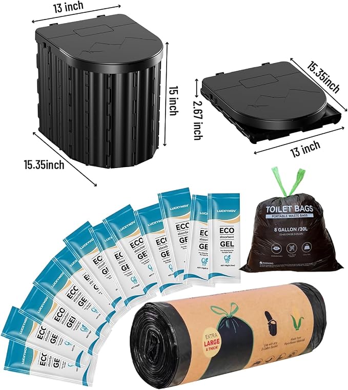 Portable Toilet with Urine Gel & Leak-Proof Bags – Odorless Camping Toilet for Adults & Kids, Outdoor Travel Potty with Ergonomic Design