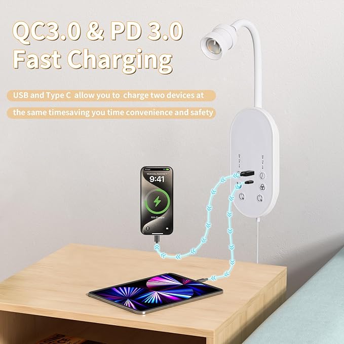 LED Wall Mounted Reading Light for Bed, Book Light for Reading with Touch Control, Stepless Dimmable, Flexible Gooseneck Bed Light with USB C+A, Night Light & Timers Function (White)