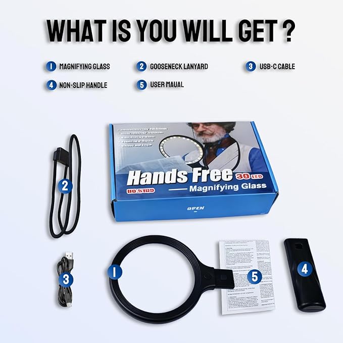 Hands-Free Magnifying Glass & Goose Neck Magnifier with Light | Neck-Worn Rechargeable for Reading, Crafts, Cross Stitch | 5X&10X Large View for Low Vision Seniors & Close Work