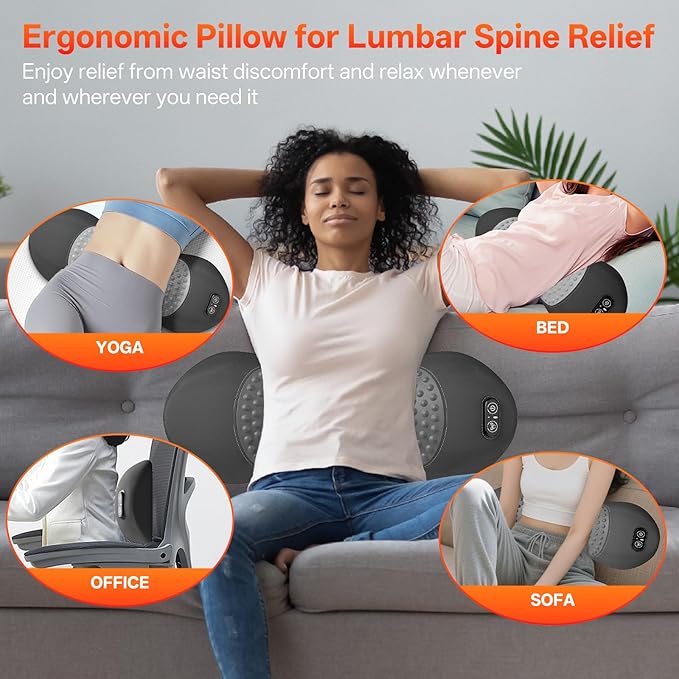 3-in-1 Electric Lumbar Support Pillow for Bed and Chair, Triple Fusion Back Massager with Heated, Vibration and Traction for Lower Back Pain Relief and Spine Support