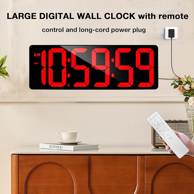17.2" Large Digital Timer Wall Clock with Remote Control, Count Down Up Digital Timer, Auto DST LED Big Digital Clock for Bedroom Kitchen Living Room Office Gym Home Decor, Red
