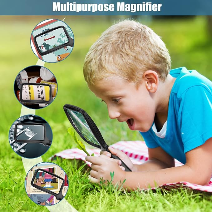 Folding Handheld Magnifying Glass with Light, 5X Large Rectangle Reading Magnifier with Dimmable LED for Seniors with Macular Degeneration, Newspaper, Books, Small Print, Lighted for Low Visions Black