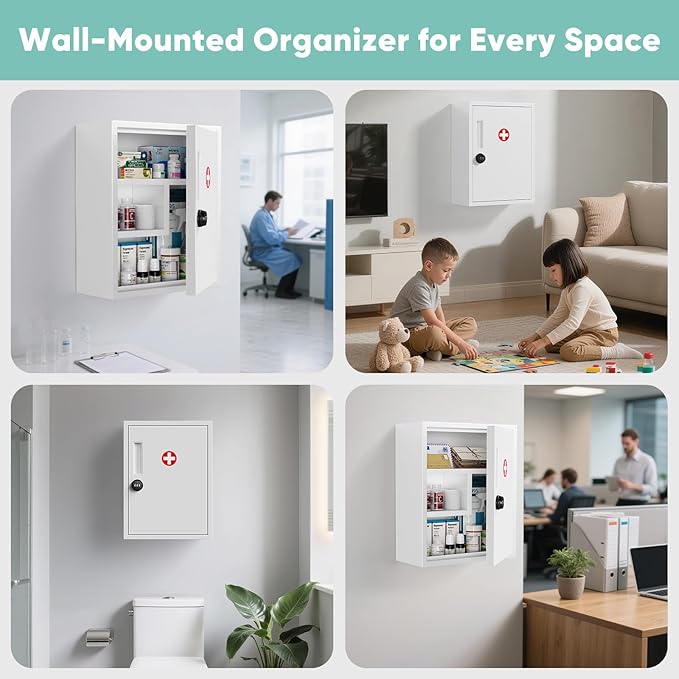 Locking Medicine Cabinet, Empty Metal Medicine Storage Box Wall Mount with All-Metal Digit Lock Keyless, Bathroom Cabinet Organizer Over The Toilet, First Aid Box for Home School Business