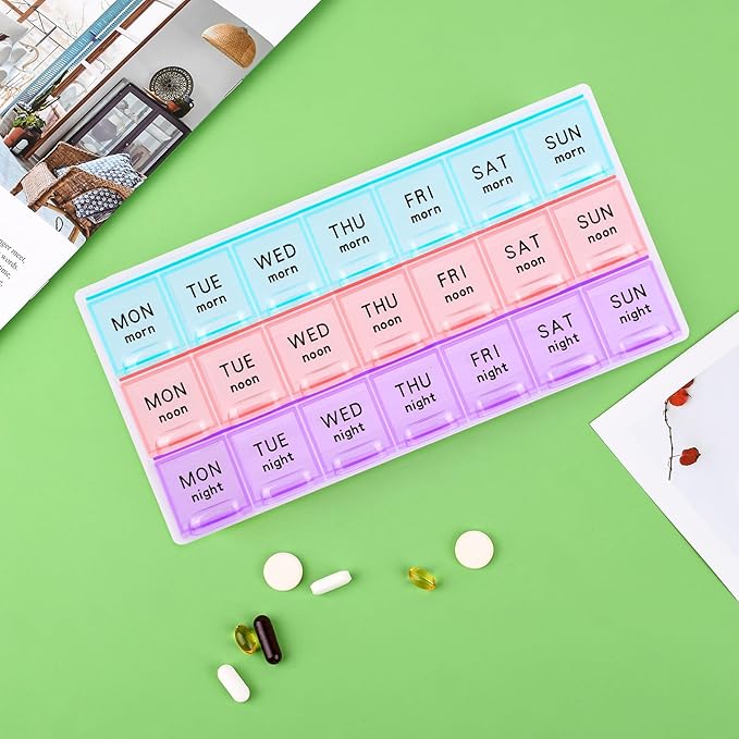 Large Weekly Pill Organizer 3 Times A Day,Travel Pill Cases ,Moisture-Proof 7 Day Pill Contaner, Portable for Pills Vitamin Fish Oil Supplements,Medicine Organizer(2Pack)