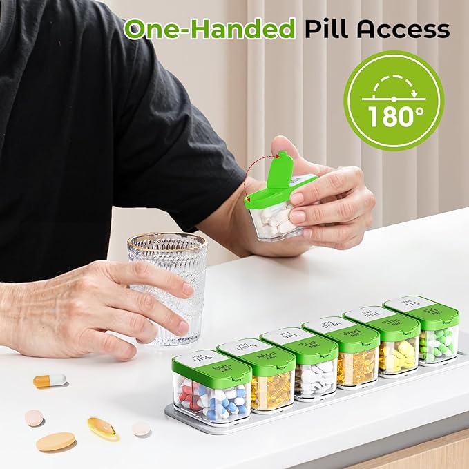 Odaro Extra Large Weekly Pill Organizer 2 Times A Day, Pill Box 7 Day Am Pm to Hold Daily Medicine Vitamin and Supplements - Green
