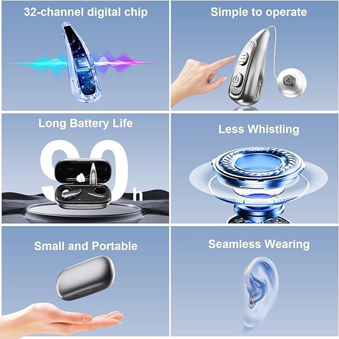 Hearing Aid for Seniors,OTC 32 Channel 5 Volume Hearing Amplifier with Rechargeable Case & Noise Cancelling Phones Sound Cleaner,Invisable Ergonomic Auto-On/Off Digital Hear Aid for Dryer Hear Loss