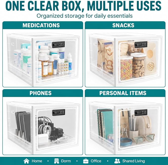 2 Pack Large Medication Lock Box with Code, Clear Lockable Storage Box for Refrigerator, Cabinet & Dorm, Stackable Medicine Box for Prescriptions, Snacks, Phone, 11.9" x 9.3" x 7.6", White