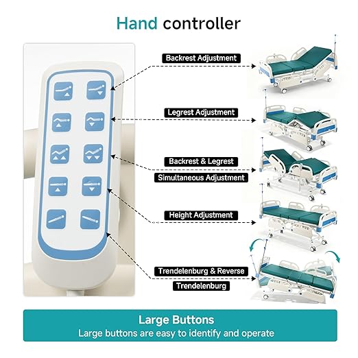 ELENKER Full Electric Hospital Bed for Home Use, ICU Medical Bed, Premium 5 Function Hospital ICU Bed with Remote Control, IV Pole, Mattress, 5-Inch Lockable Quiet Casters, Includes Sheets (2X)