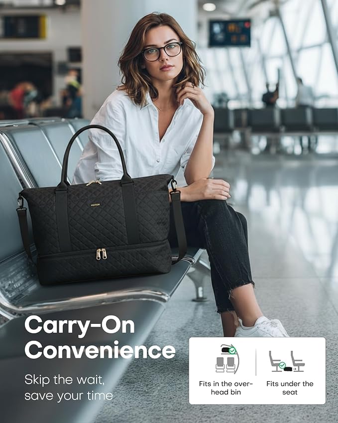 HOTOR Travel Duffel Bag - Weekender Bags for Women, Gym Tote Bags with Shoe Compartment, Carry On Overnight Bag with Toiletry Bag for Travel Essentials and Travel Accessories, Black, 15.8"×18.1"×8.7"
