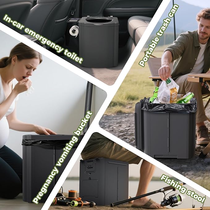 Portable Camping Toilet Kit for Adults, Upgrade Travel Potty Seat with Lid Removable Paper Holder and Absorbent Gel, for Camping, Hiking, Truck, RV Toilet, Beach