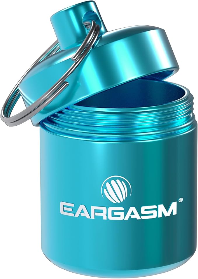 Eargasm Keychain Earplug Travel Carrying Case - Convenient Metal Waterproof Keychain Container Perfect for Traveling with Ear-Plugs, Pills, Medicine and Small Items On-The-Go - Blue, 1.06 in x 1.6 in