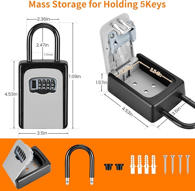 Portable Key Lock Box, Upgrade Clearly Visible Numbers, Lock Box Wall Mounted for House Key, 5 Key Capacity, Weatherproof Resettable Code (White, 4)