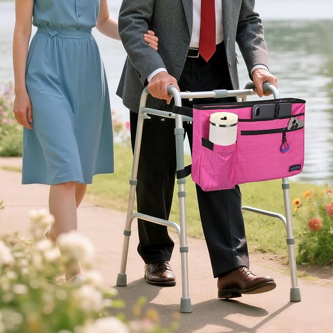 ZHCHG Walker Bag with Cup Holder, Walker Accessories for Seniors Detachable | Foldable Walker Basket with Large Capacity, Best Gift (Not Fit Rollator Walkers)- Pink