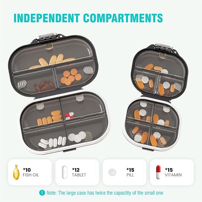 Travel Pill Organizer, 7 Compartments Portable Pill Case, Daily Pill Box, Small Pill Container for Pocket Purse Medicine Organizer(Black)