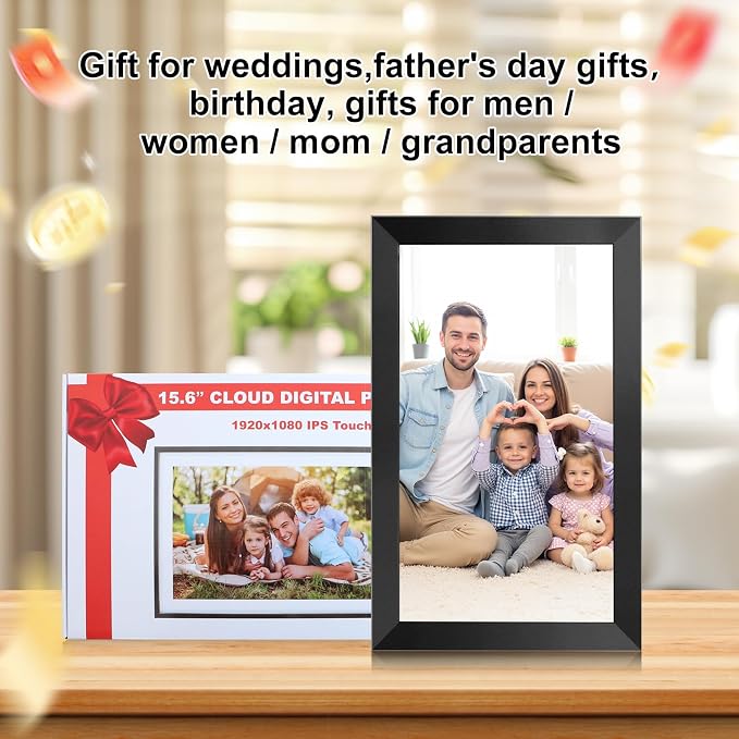 Digital Picture Frame 15.6 Inch Large Frameo Digital Photo Frame,32GB, 1920 * 1080 IPS HD Touch Screen, Electronic Picture Frame IPS Touch Screen with Auto-Rotate, Frameo Digital Frame WiFi(Black)