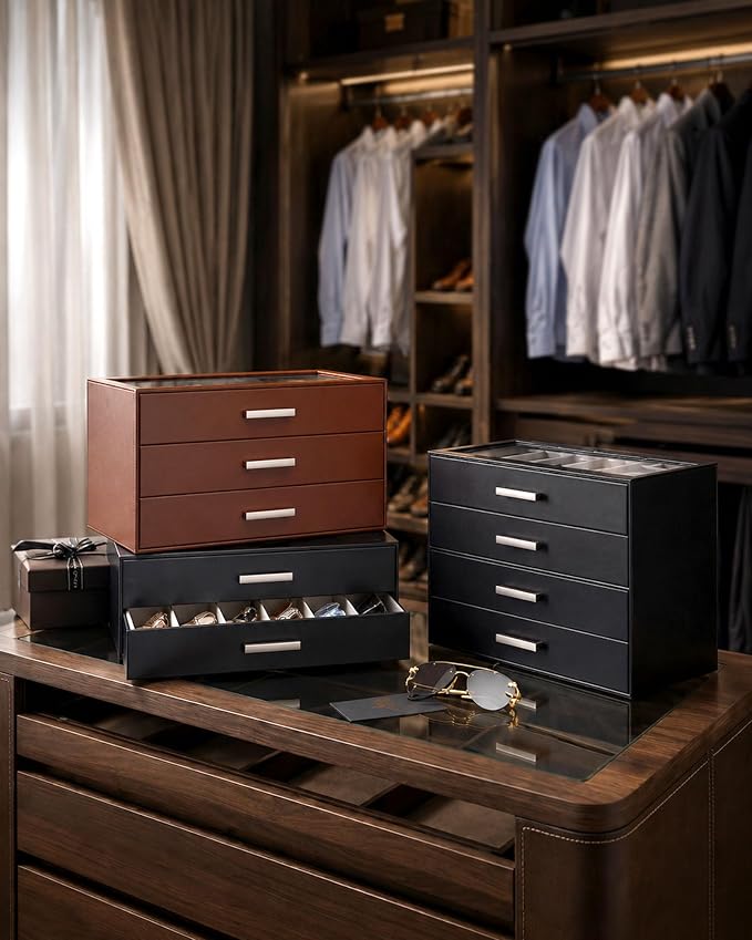 ProCase Sunglasses Organizer Box with Clear Glass Lid, PU Leather Eyeglass Storage Display Case for Men and Women