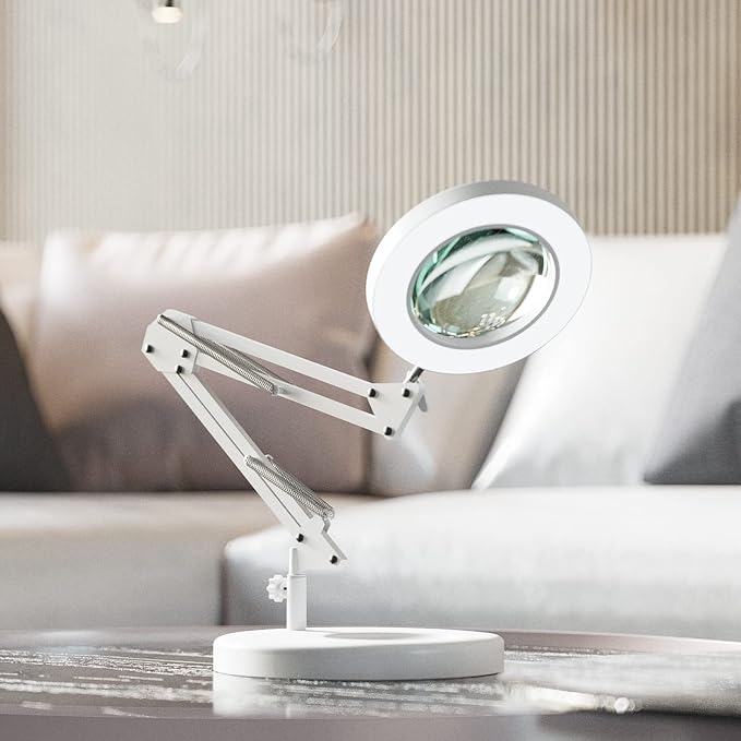 HITTI 10X Magnifying Glass with Light, 1,800 Lumens Stepless Dimmable, 3 Color Modes, 4.2″ Real Glass Lens LED Magnifying Desk Lamp & Clamp, Magnifier Light and Stand for Crafts Close Work-White