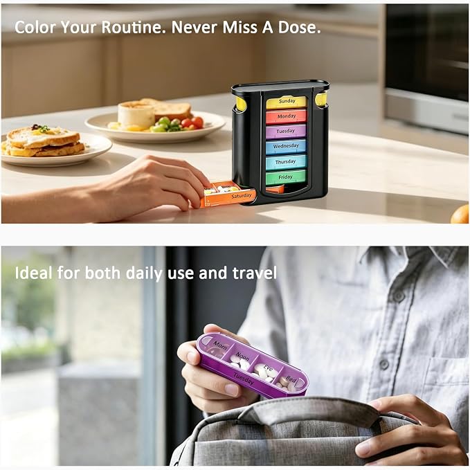 Travel Pill Organizer 4 Times a Day Small Pill Container Purse Pill Case Daily Pill Box Am Pm Pill Holder 7 Day Weekly Pill Reminder Pill Sorter Pocket Vitamin Stackable 4 Compartment Caddy