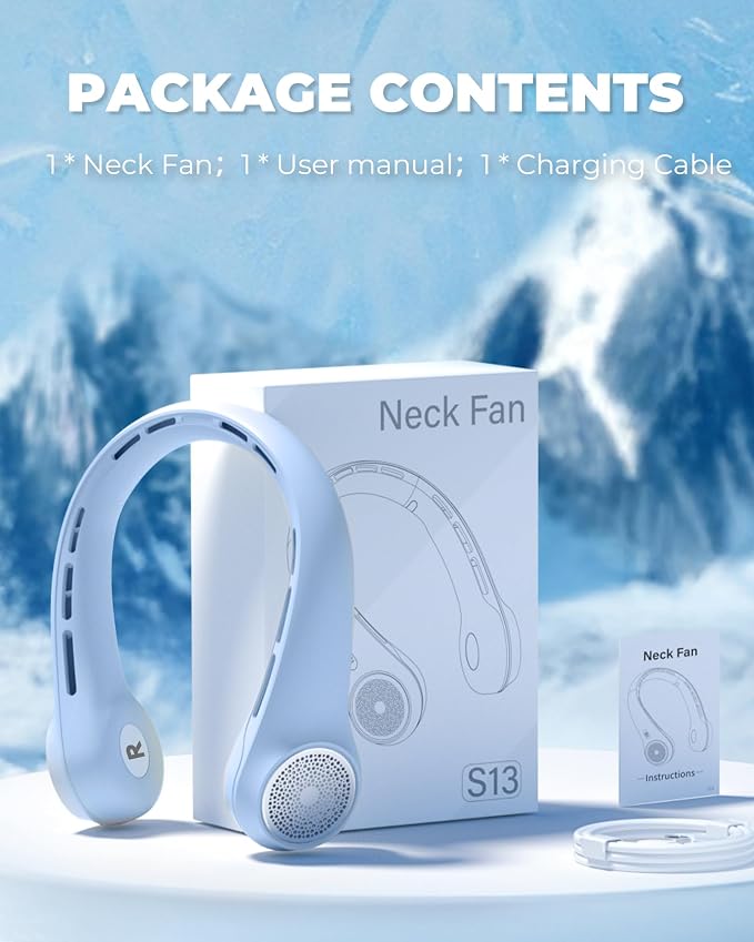 Portable Neck Fan with 4000mAh Rechargeable Battery & LED Display, Personal Cooler for Women/Men, 3-Speed Bladeless 360° Cooling Fans, Stylish Gift for Gym/Travel/Office,Light blue