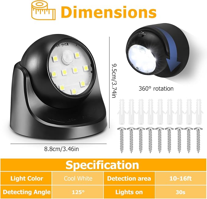 Motion Sensor Outdoor Lights - Outdoor Motion Sensor Light Battery Operated Wireless Spotlight Motion Detector Security Light Auto On Off for Sheltered Porch Stair Hallway Garage Wall Shed (4 Pack)