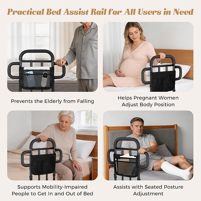 Heavy Duty Bed Rail for Elderly Adults with 2 Grab Bars, 400LBS Capacity, Adjustable Height Bed Assist Rail with Non-Slip Foam Grip, Sensor Light & Storage Pocket for King/Queen/Full/Twin Bed