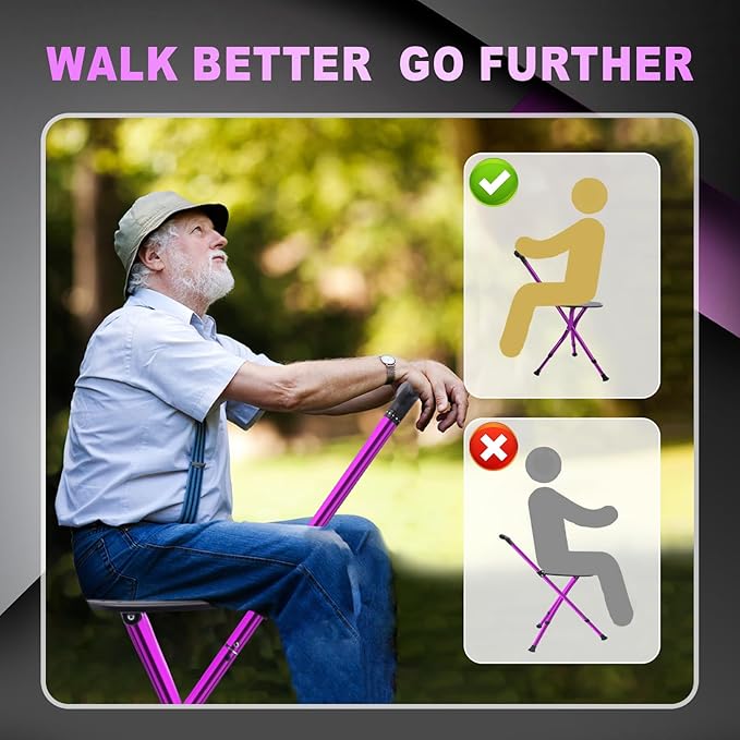 BigAlex Alloy Folding Cane with Seat, Lightweight Adjustable Walking Cane with Seat, Cane Seat with LED for Seniors, Cane Chair for Woman/Man,Anti-Slip Walking Stick for Seniors