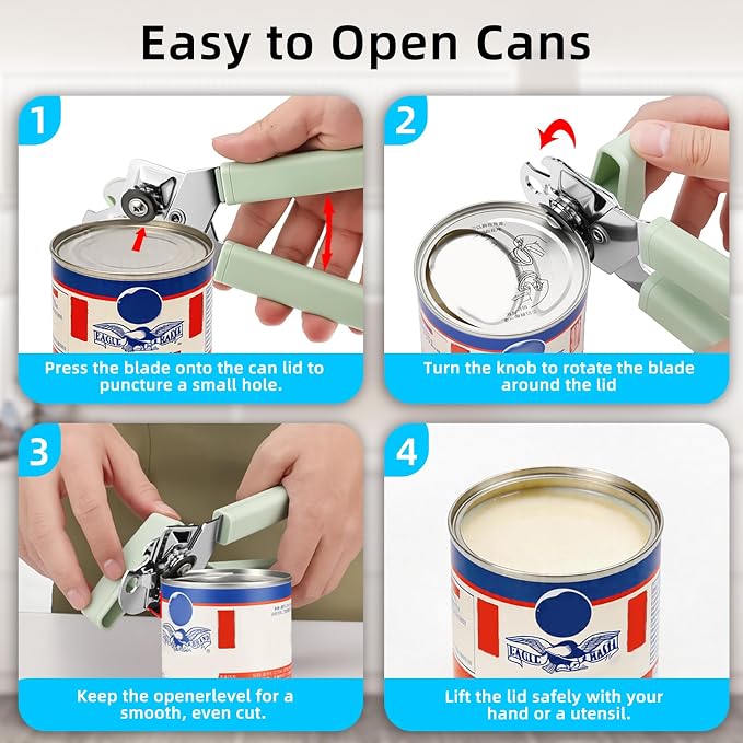 Can Opener Manual, Reinforced Blade, Effortless Knob, Non-Stick, Green | Reinforced blade, effortless knob, built-in bottle opener, non-stick hard rubber handle, smooth-edge safety cutter
