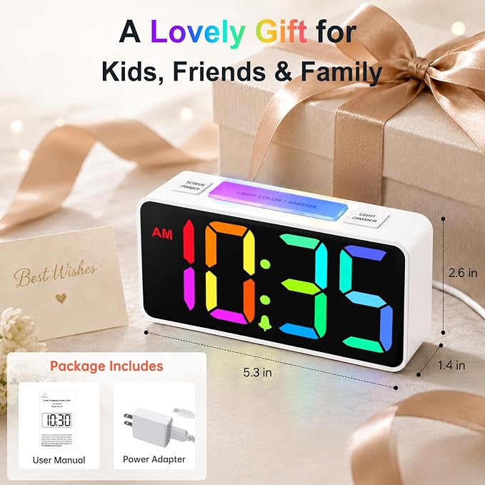 DreamSky Small Digital Alarm Clock with Night Light for Kids Bedroom | RGB Desk Clock with Large Numbers for Teens Boys, Brightness Dimmer, Adjustable Alarm Volume, USB Port, USB-C Adapter Powered