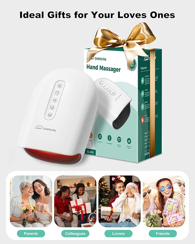 Snailax Cordless Hand Massager with Heat and Compression, 6 Levels Finger & Palm Pressure for Arthritis, Carpal Tunnel & Numbness, Ideal Gift for Women/Men - Rechargeable