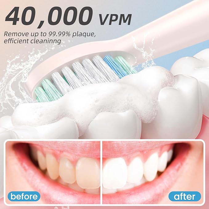 YUNCHI Electric Toothbrush Birthday/Valentine Plastic 8 Dupont Heads 24-Mo Deep Cleans Gentle Gums Removes Stains 3Hr USB-C 90d 2-Min Timer/30s IPX7 - Yellow Blue