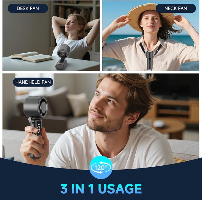 Portable Handheld Turbo Fan, 1-100 Gear Wind, Battery Operated, Up to 23 Working Hours, 3 IN 1 Personal Fan with Air Turbo Tech, Cooling Essentials for Indoor/Outdoor (Metallic Glossy Black)