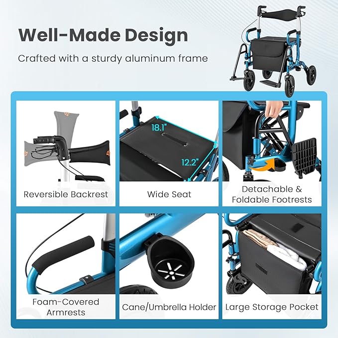 Goplus Walkers for Seniors with Seat, 2 in 1 Folding Rolling Rollator Walker & Wheelchair Combo with Brakes, 9" Pneumatic Tires for All Terrain, Aluminum Adult Mobility Walking Aid