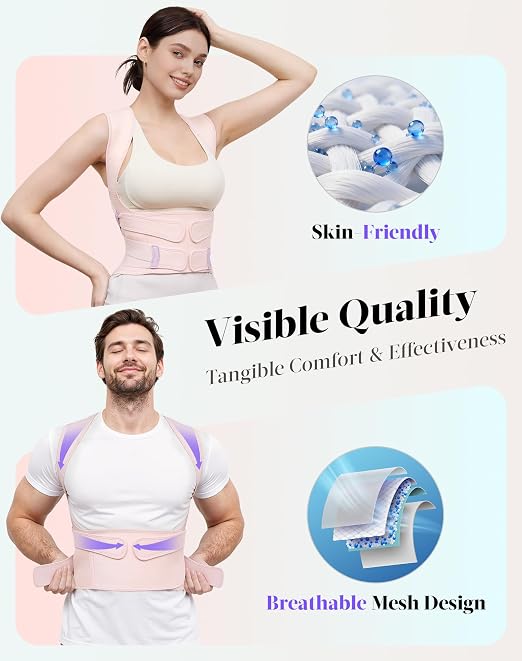 Posture Corrector for Women and Men, Full Back Support Brace, Adjustable Shoulder Straightener, Improving Posture, Relief Upper and Lower Back, Neck Pain, Pink, Large