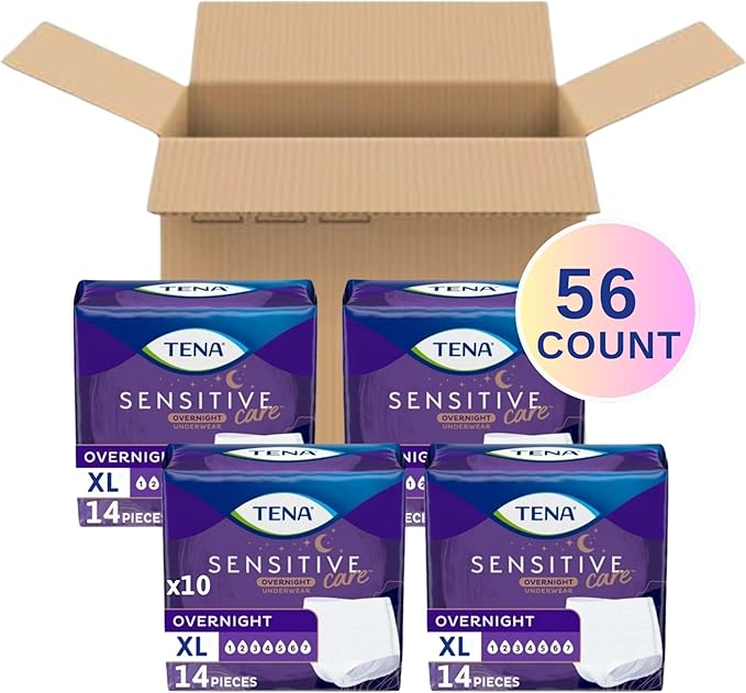 TENA Sensitive Care Overnight Incontinence Underwear for Women, Bladder Control and Postpartum, Extra Large, 56 Count (Waist Size 39in-52in)