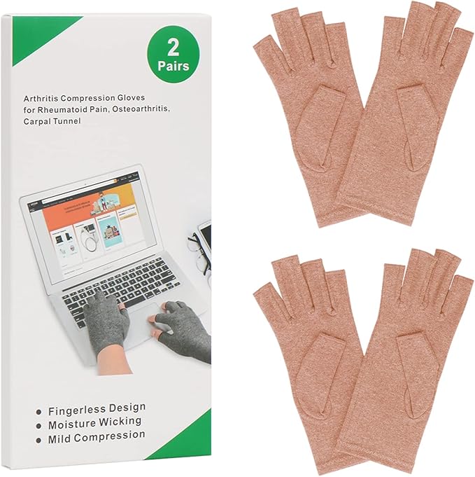2-Pair Arthritis Compression Gloves for Alleviate Rheumatoid Osteoarthritis, Carpal Tunnel Raynauds Disease, Fingerless Design Breathable & Moisture, Women and Men (Coffee, Small)