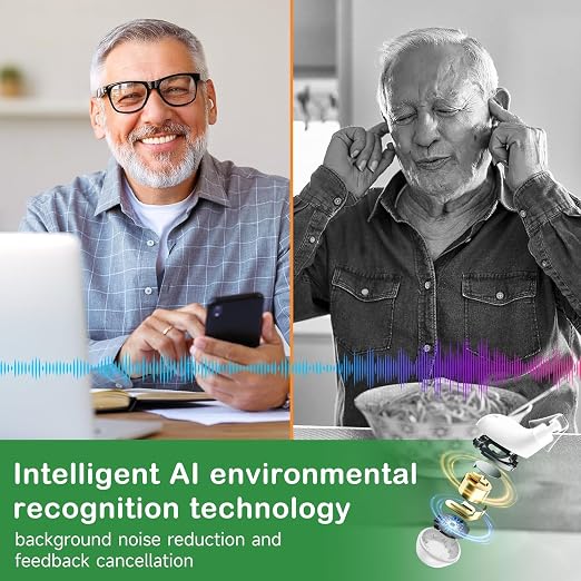 Rechargeable Hearing Aids for Seniors - Noise Cancelling OTC hearing aids with Charging Case, APP smart control, Comfortable Fit for Mild,Moderate and severe Hearing Loss (White)