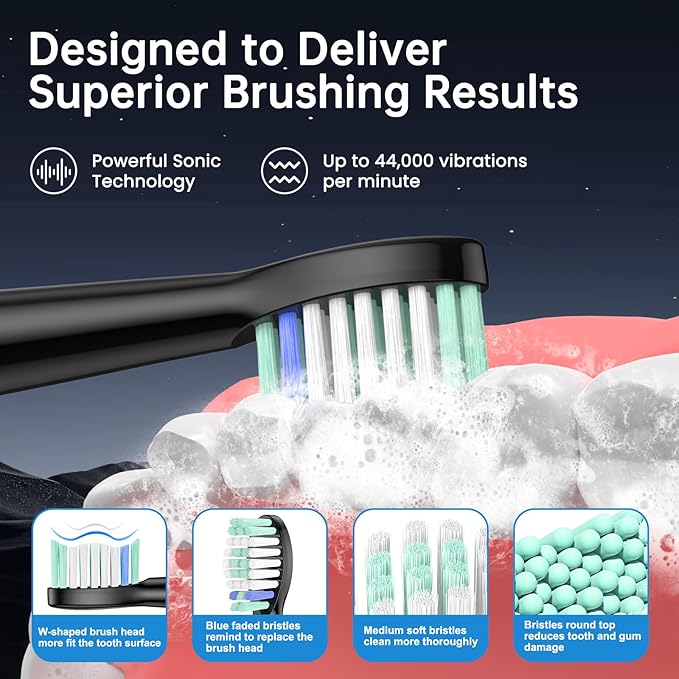 YUNCHI Electric Toothbrush Birthday/Valentine Plastic 8 Dupont Heads 24-Mo Deep Cleans Gentle Gums Removes Stains 3Hr USB-C 90d 2-Min Timer/30s IPX7 - Black