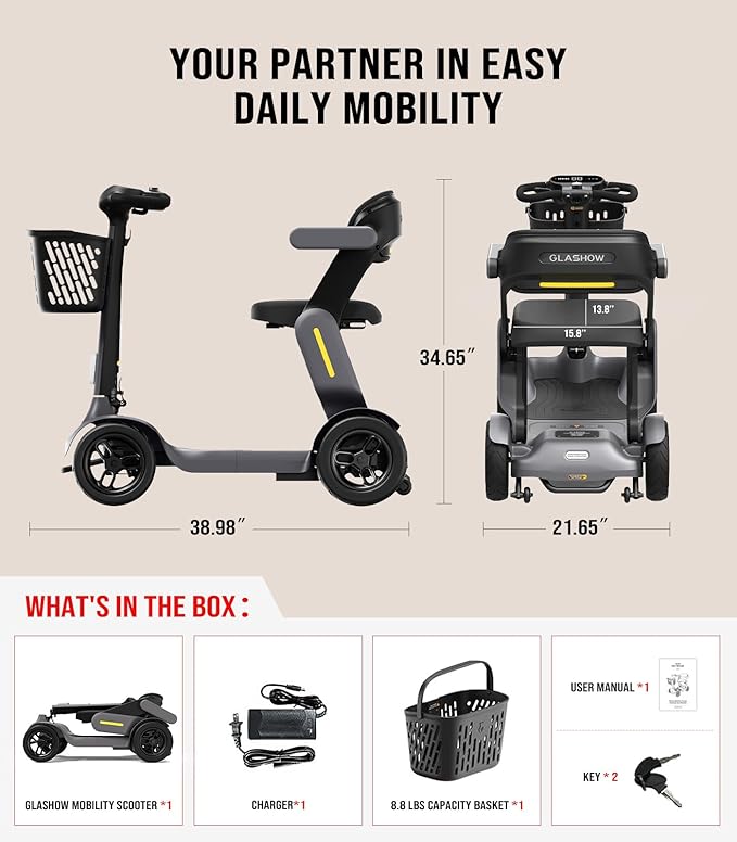 S3 Folding Mobility Scooter for Seniors & Adults – 4-Wheel All-Terrain Electric Scooter, 25 Mile Range, 6 MPH, 265 lb Capacity, Reverse, LED Lights & Basket – Gray
