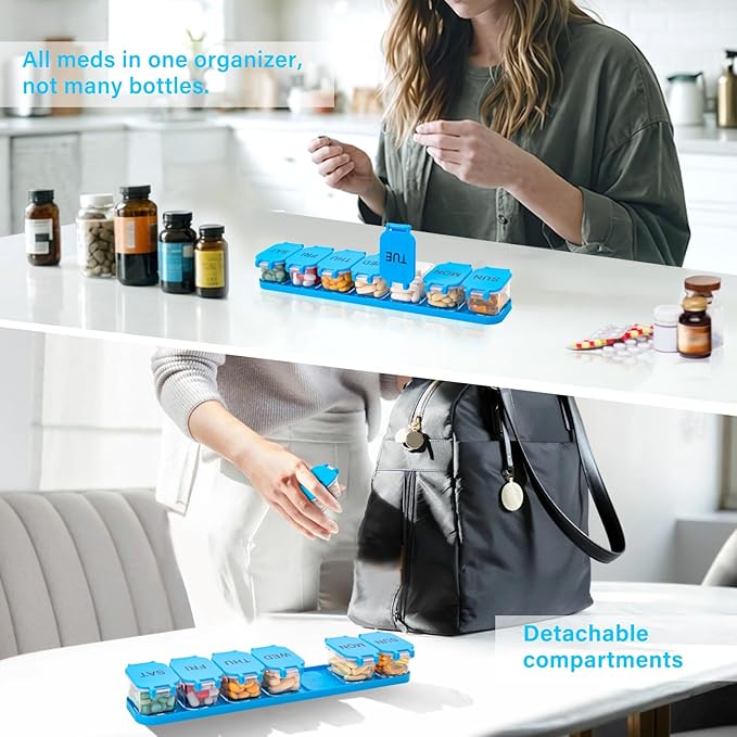 Extra Large Weekly Pill Organizer - Waterproof 7-Day Pill Box, Portable Vitamin & Supplement Case, Easy to Open Design, Ideal for Travel a nd Daily Medication Management (Blue)