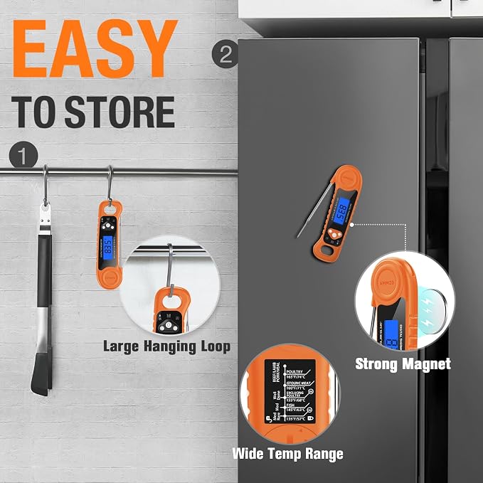 AMMZO Digital Meat Thermometer for Grilling, Candy Thermometer Instant Read Food Thermometer Waterproof with Backlight for Cooking, Deep Fry, BBQ, Grill, Smoker and Roast (Orange)