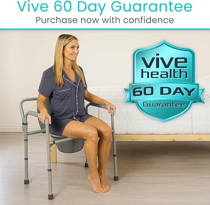 Vive Bariatric Bedside 3-in-1 Commode 500 lb Capacity - Portable Folding Toilet Chair - Adjustable Height, Extra Wide Seat - Bucket Splash Guard Heavy Duty Adult Bathroom, Pail Fits Standard Liner Bag