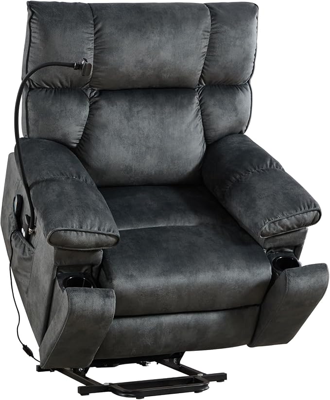 Power Lift Recliner for Elderly with Heat & Massage, Grey | Heat & Massage, Wide Electric Reclining Chair, Cup Holder, Phone Holder & Side Pockets