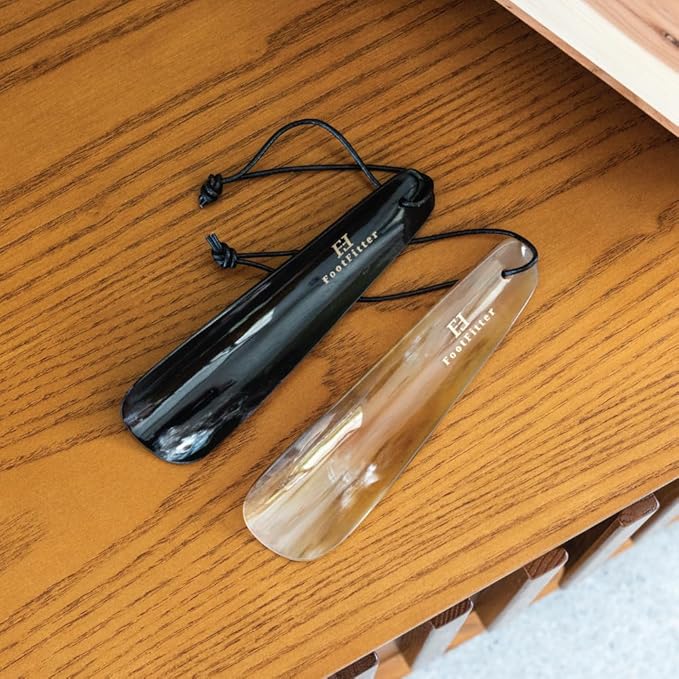 FootFitter Natural Bull Horn Shoe Horn with Leather Loop, Smooth Polished Shoe Assist Tool for Easy Slip-On Low Collar Shoes