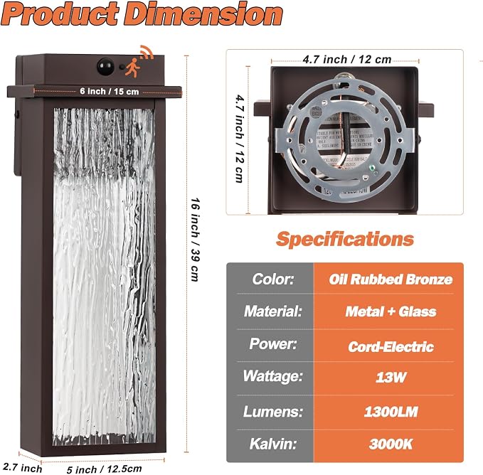 VenzBlomia 16” Oil Rubbed Bronze Motion Sensor Outdoor Sconce Lights 2 Pack | Brown Dusk to Dawn Porch Light Fixtures Waterproof, Modern Outdoor Wall Lights for House Garage Patio, Water Rippled Glass