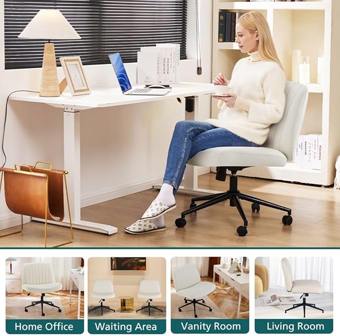 Criss Cross Chair with Wheels, Ergonomic Armless Swivel Comfy Vanity Seat, Wide Back Support and Adjustable Height for Home Office Bedroom Computer Gaming Makeup, Beige Leather